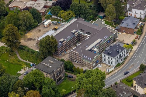 Aerial view, construction site for 30 lofts on the former Scharfen site as well as Scharfen Villa