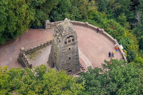 Aerial view, forest area and recreation area Hohenstein with the mountain monument in Witten, Ruhr