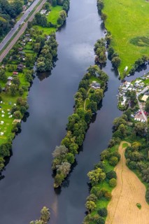 Aerial view, river Ruhr with the camping site Steger and the Ruhrinsel in the district Bommern in