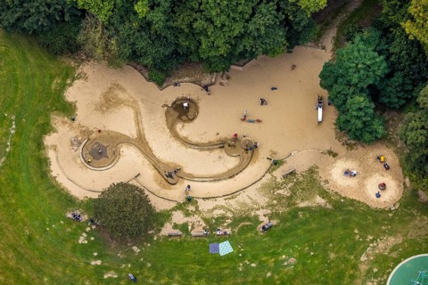 Aerial view, forest area and recreation area Hohenstein with the children's playground in Witten,