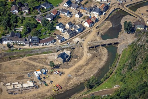 Aerial view, flood area on the river Ahr with destroyed bridges in the Kreuzberg district,