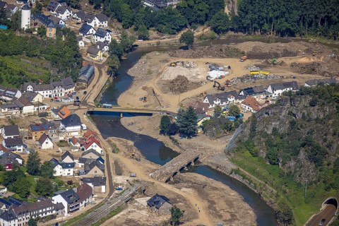 Aerial view, flood area on the river Ahr with destroyed bridges in the Kreuzberg district,