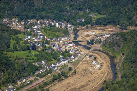 Aerial view, flood area at the river Ahr with destroyed bridges and historical sight Kreuzberg