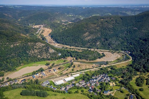 Aerial view, flood area at the river Ahr in the district Pützfeld in Ahrbrück, Ahr valley,
