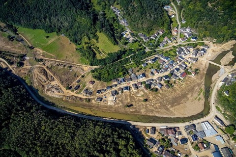 Aerial view, flood area on the river Ahr with Ahr bridge in the district of Brück, Ahrbrück, Ahr