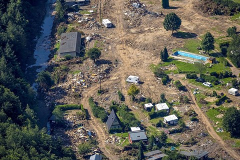 Aerial view, flooded area at the river Ahr and destroyed by flood disaster campsite Sahrtal Ute