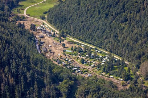 Aerial view, flooded area at the river Ahr and destroyed by flood disaster campsite Sahrtal Ute
