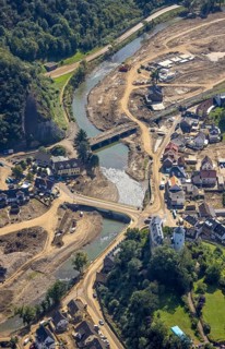 Aerial view, flooded area at the river Ahr with destroyed bridges and historical sight Burg