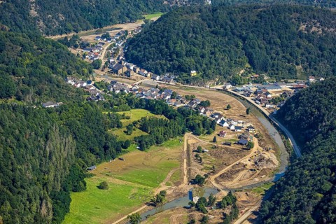 Aerial view, flood area on the river Ahr with Ahr bridge in the district of Brück, Ahrbrück, Ahr