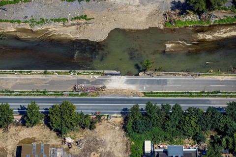 Aerial view, flood area at the river Ahr and destroyed country road B266 in Heimersheim, Bad