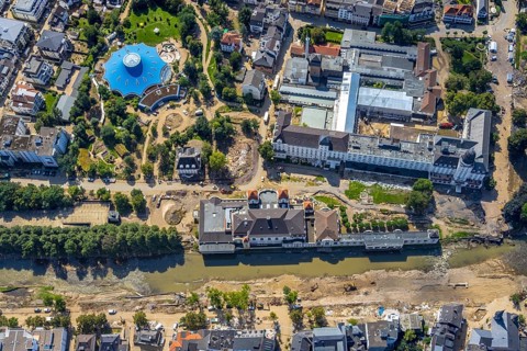 Aerial view, flood area at the river Ahr with spa hotel Bad Neuenahr and Steigenberger Hotel and