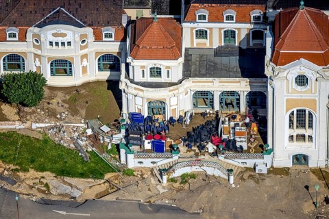 Aerial view, flood area at the river Ahr with spa hotel Bad Neuenahr and furniture on the terrace