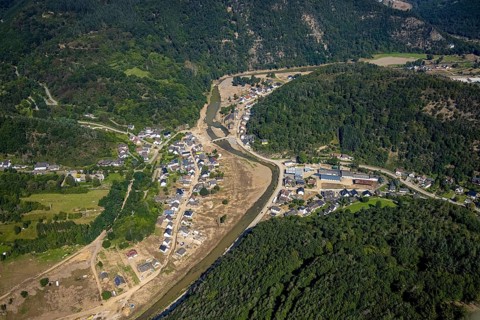 Aerial view, flood area on the river Ahr with Ahr bridge in the district of Brück, Ahrbrück, Ahr