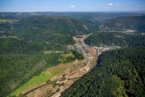 Aerial view, flood area on the river Ahr with Ahr bridge in the district of Brück, Ahrbrück, Ahr