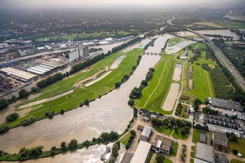 Aerial photograph, Ruhr floods, floods at the Styrum waterworks, Styrum - South, Mülheim an der
