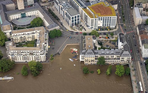 Aerial photo, Ruhr flood, flooding, Ruhrbania with flooding in the old town I, Mülheim an der Ruhr,