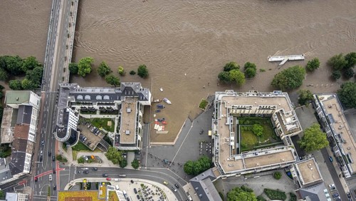 Aerial photo, Ruhr flood, flooding, Ruhrbania with flooding in the old town I, Mülheim an der Ruhr,