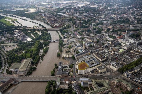 Aerial photo, Ruhr flood, flooding, Ruhrbania with flooding in the old town I, Mülheim an der Ruhr,