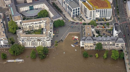 Aerial photo, Ruhr flood, flooding, Ruhrbania with flooding in the old town I, Mülheim an der Ruhr,