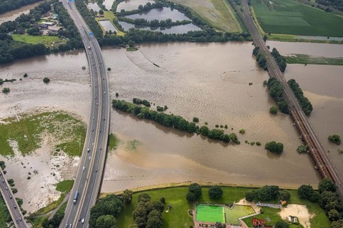 Aerial photo, Ruhr flood, flooding, Styrum - South, Mülheim an der Ruhr, Ruhr area, North
