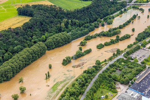 Aerial photo, Lennnehochwasser, Lennetal, Hagen, Ruhr area, North Rhine-Westphalia, Germany, DE,