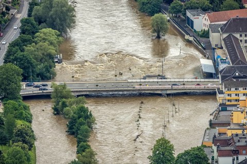 Aerial photo, Lennehochwasser, Hohenlimburg, Hagen, Ruhr area, North Rhine-Westphalia, Germany, DE,