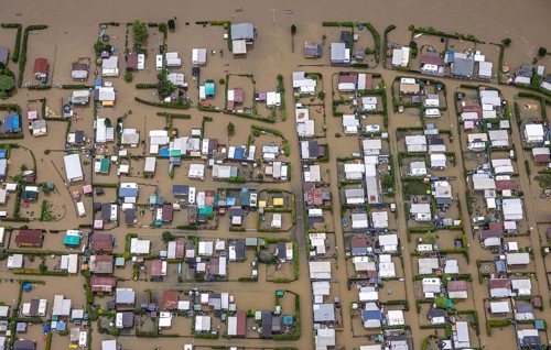 Aerial photo, Ruhr flood, flooded campsite CampingClub Garenfeld Ruhrbogen e.v, Westhofen,