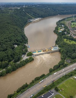 Aerial photo, Ruhr flood, barrage Hengsteysee, flooding, Herdecke, Boele, Hagen, Ruhr area, North