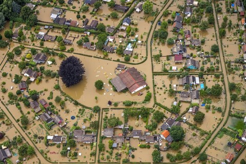 Aerial photo, Ruhr flood, flooded campsite Amsel restaurant on the Ruhr Valley cycle path in