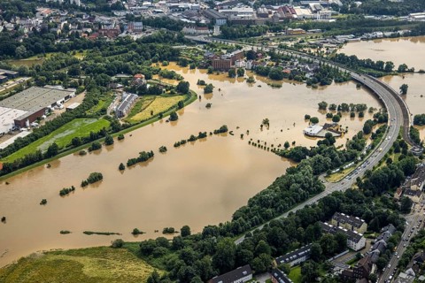 Aerial photo, Ruhr flood, flooding, camping site Ruhrbrücke in Hattingen, Baak, Hattingen, Ruhr