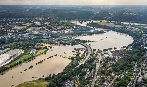 Aerial photo, Ruhr flood, flooding, Baak, Hattingen, Ruhr area, North Rhine-Westphalia, Germany,