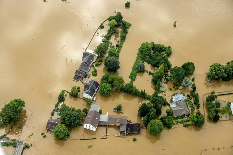 Aerial photo, Ruhr flood, flooding, Dumberg, Hattingen, Ruhr area, North Rhine-Westphalia, Germany,