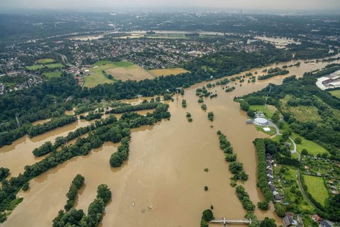 Aerial photo, Ruhr flood, flooding, Horst, Essen, Ruhr area, North Rhine-Westphalia, Germany, DE,
