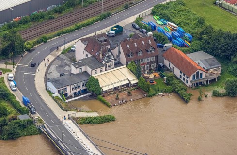 Aerial photo, Ruhr flood, flooding, Cavos, Kupferdreh, Essen, Ruhr area, North Rhine-Westphalia,