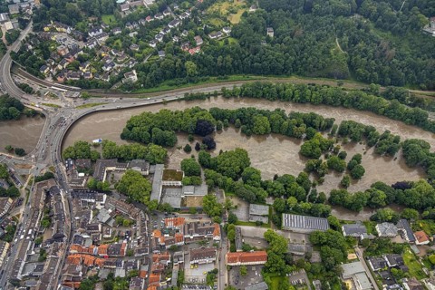 Aerial photograph, Ruhr flood, flooding, flooded Brehminsel Essen-Werden, Essen-Bredeney, Essen,