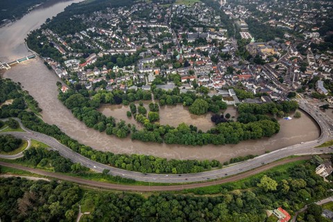 Aerial photograph, Ruhr flood, flooding, flooded Brehminsel Essen-Werden, Essen-Bredeney, Essen,