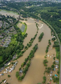 Aerial photo, Ruhr flood, barrage Witten, flooding, Annen, Witten, Ruhr area, North