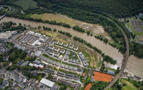Aerial photo, Ruhr flood, barrage Hengsteysee, flooding, Herdecke, Boele, Hagen, Ruhr area, North