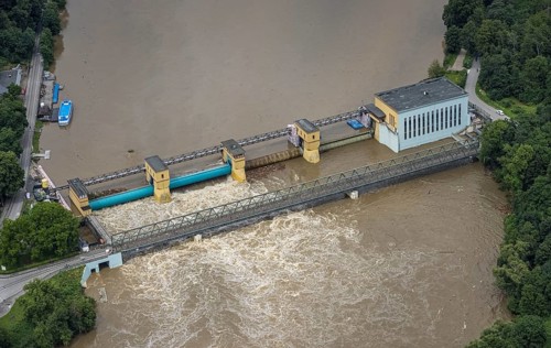 Aerial photo, Ruhr flood, barrage Hengsteysee, flooding, Herdecke, Boele, Hagen, Ruhr area, North