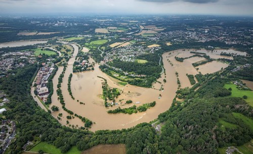 Aerial photo, Ruhr floods, Witten waterworks, flooding, Witten, Ruhr area, North Rhine-Westphalia,