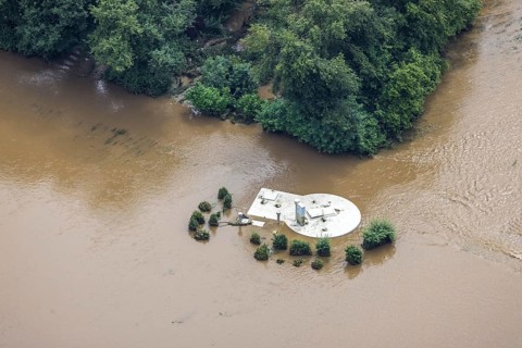 Aerial photo, Ruhr floods, Witten waterworks, flooding, Witten, Ruhr area, North Rhine-Westphalia,