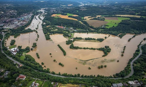 Aerial photo, Ruhr floods, Witten waterworks, flooding, Witten, Ruhr area, North Rhine-Westphalia,