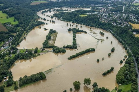 Aerial photo, Ruhr floods, Witten waterworks, flooding, Witten, Ruhr area, North Rhine-Westphalia,