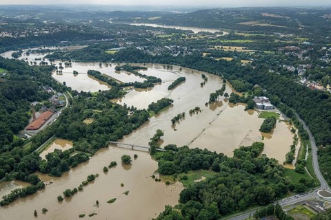 Aerial photo, Ruhr floods, Witten waterworks, flooding, Witten, Ruhr area, North Rhine-Westphalia,