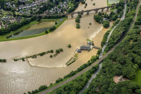 Aerial photo, Ruhr flood, barrage Witten, flooding, Annen, Witten, Ruhr area, North