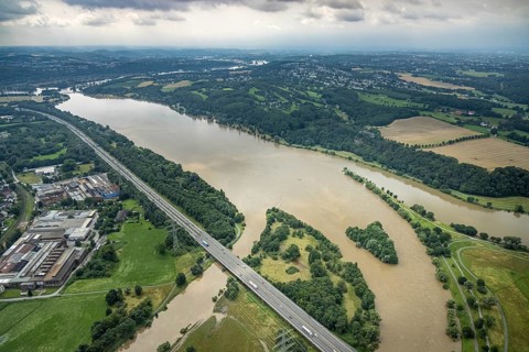 Aerial photo, Ruhr floods, Kemnader Lake, flooding, Heven, Witten, Ruhr area, North