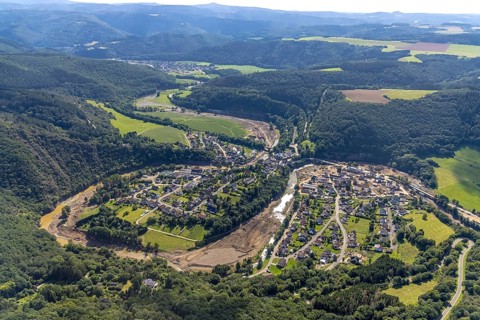 Aerial photograph, flood area with river Ahr in Schuld, Ahr valley, Rhineland-Palatinate, Germany,
