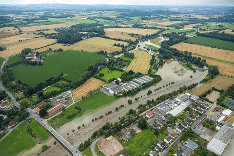 Aerial photo, Ruhr flood, flood after heavy rainfall, Wickede, Sauerland, North Rhine-Westphalia,