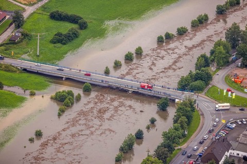 Aerial photo, Ruhr flood, flood after heavy rainfall, Wickede, Sauerland, North Rhine-Westphalia,