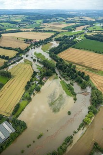 Aerial view, Ruhr flood, flood after heavy rainfall, Wimbern, Wickede, Sauerland, North